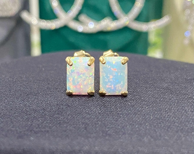Vintage 14K Solid Yellow Gold Rectangular White Opal Earrings.