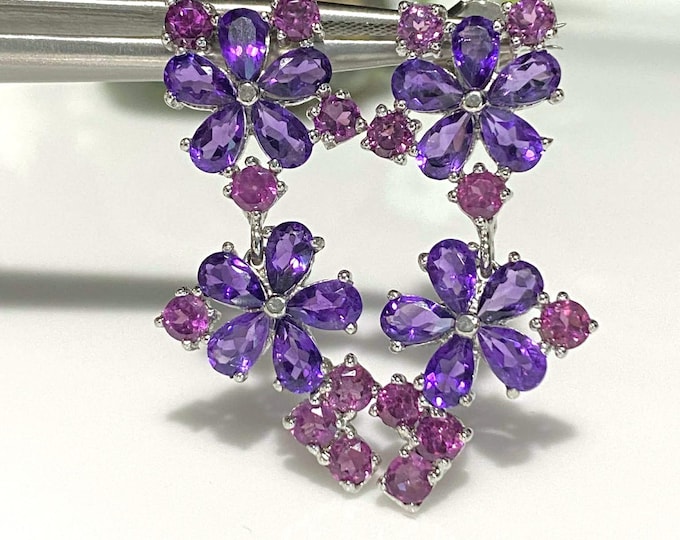 Vintage Sterling Silver Natural Rhodolite, Amethyst Flowers Dangle Earrings.