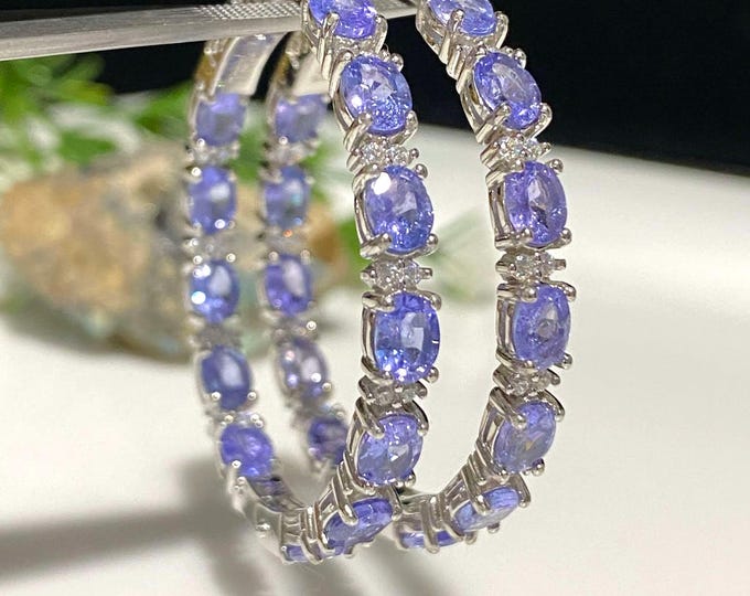 Vintage Sterling Silver Oval cut Tanzanite & White Topaz Hoop Earrings 37.5MM