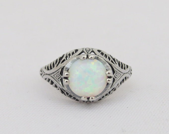 Vintage Sterling Silver White Opal Filigree Ring Size 7