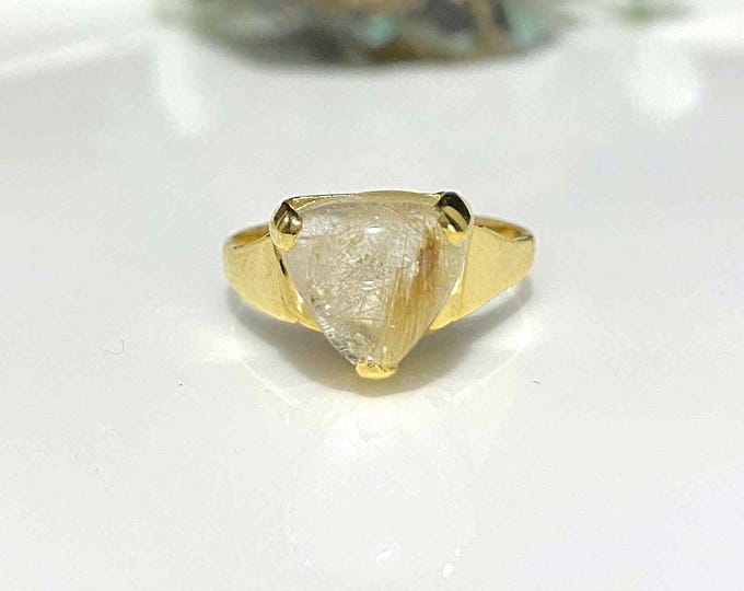 Vintage 14K Yellow Gold Rutilated Quartz Ring - Size 6 3/4