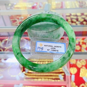 Vintage Translucent Natural Green & Black Jadeite Jade Bangle Bracelet 54.5MM