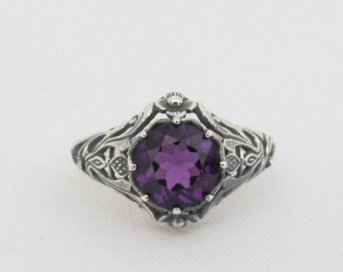 Vintage Sterling Silver Amethyst Filigree Ring Size 8