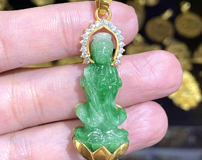Vintage 18K Solid Gold Natural Green, White Jadeite Jade & White Topaz Kwan Yin Buddha Pendant Phat Ba Quan Am