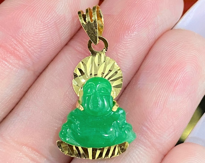 Vintage 18K Solid Yellow Gold Green Jadeite Jade Carved Laughing Buddha Pendant