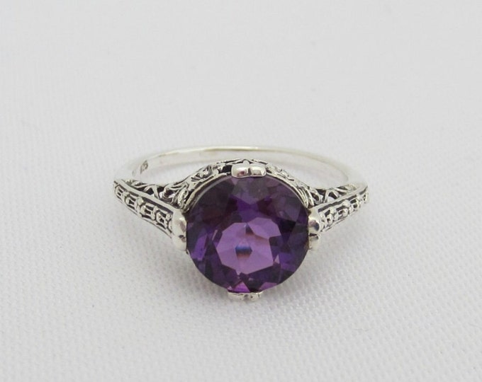Vintage Sterling Silver Natural Amethyst Filigree Ring Size 8