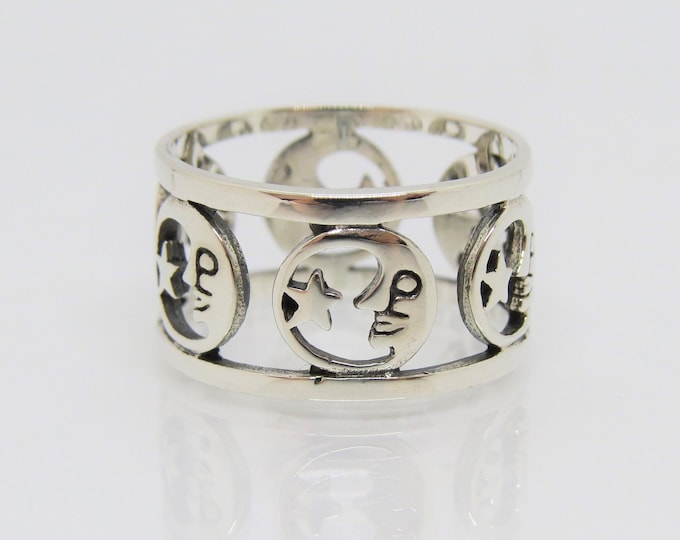 Vintage Sterling Silver Moon & Star Band Ring Size 7.5