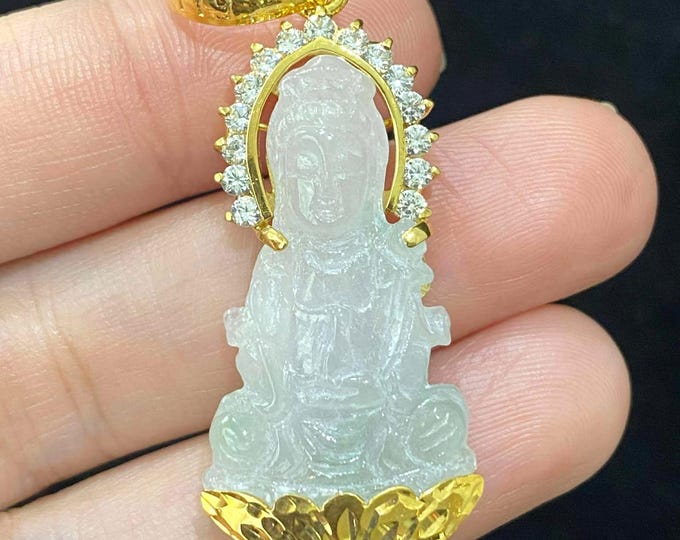 Vintage 18K Solid Gold Natural Light Green, White Jadeite Jade & White Topaz Kwan Yin Buddha Pendant Phat Ba Quan Am