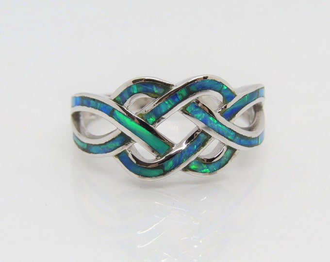 Vintage Sterling Silver Blue Opal CELTIC Twisted Band Ring Size 5