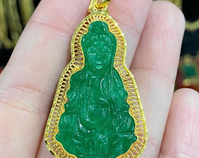 Vintage 24K 980 Solid Gold Green Jadeite Jade Kwan Yin Buddha Pendant. Phat Ba Quan Am.