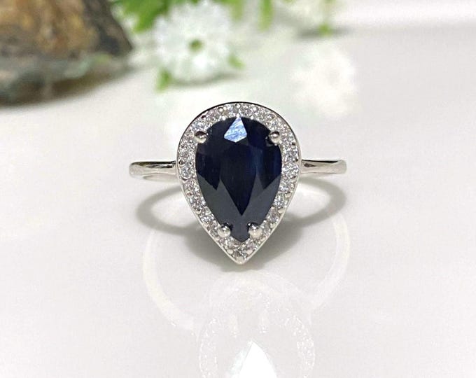 Vintage Sterling Silver 1.5ct Natural Dark Blue Sapphire & White Topaz Ring Size 6 1/2
