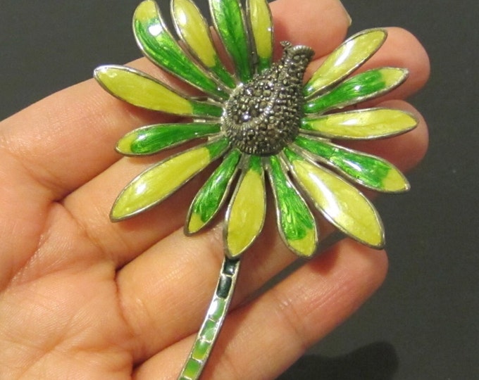 Vintage Art Nouveau Sterling silver Marcasite Enamel Floral Pin Brooch