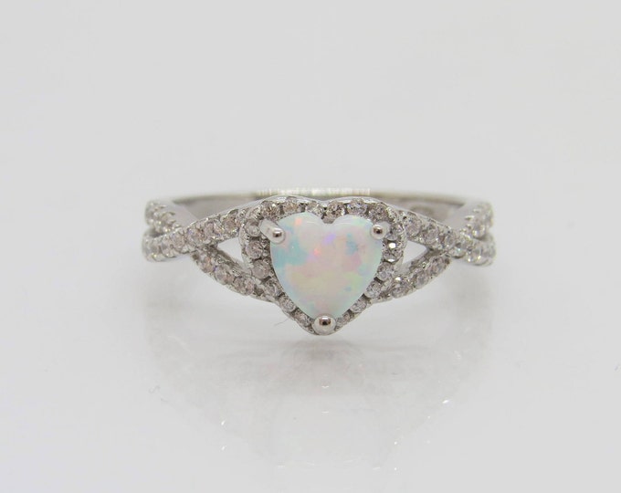 Vintage Sterling Silver White Opal & White Topaz Twisted Ring Size 7