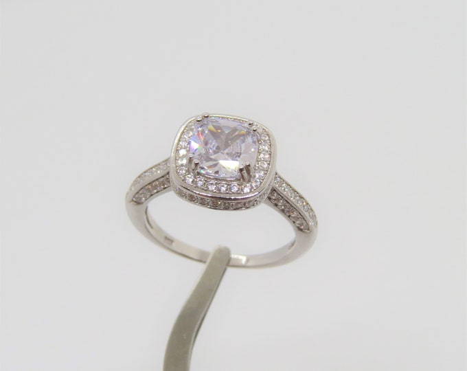 Vintage Sterling Silver Cushion cut White Topaz Engagement Ring Size 10