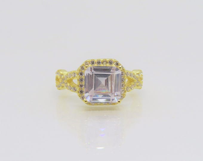 Vintage 14K Plate Sterling Silver White Topaz Halo Engagement Ring Size 7