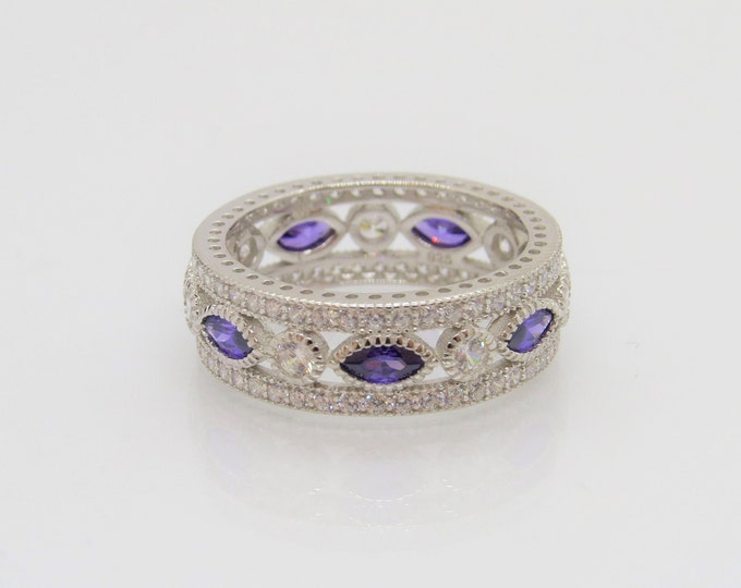 Vintage Sterling Silver Marquise Amethyst & White Topaz Band Ring Size 9