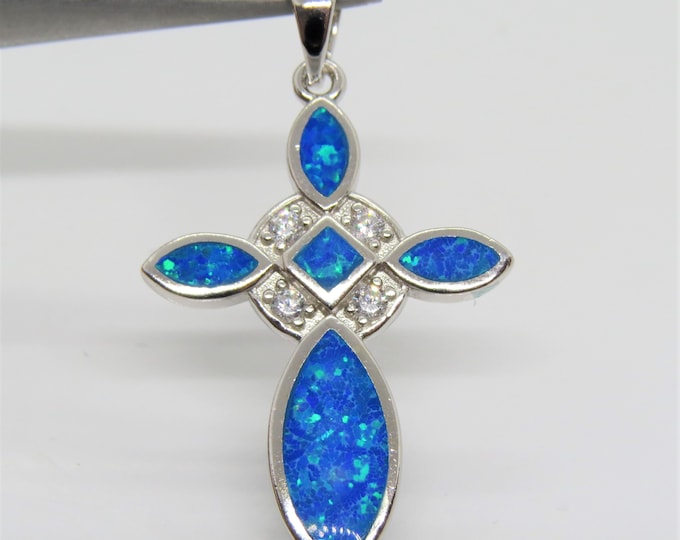 Vintage Sterling Silver Blue Opal & White Topaz Cross Pendant