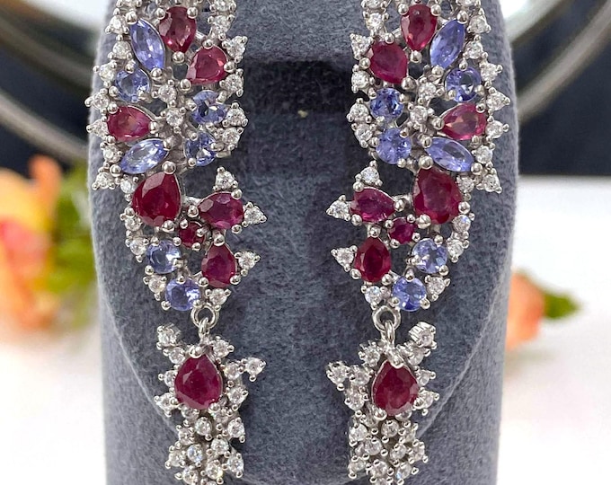 Vintage Sterling Silver Natural Ruby, Tanzanite & White Topaz Dangle Earrings.
