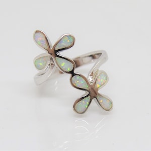 Vintage Sterling Silver White Opal Flower Long Ring Size 7.5