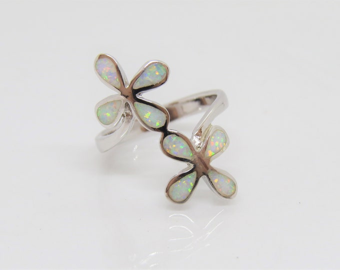 Vintage Sterling Silver White Opal Flower Long Ring Size 7.5