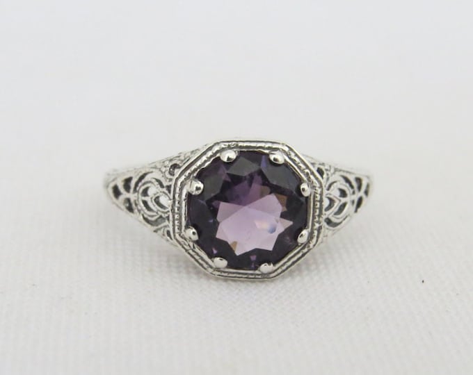 Vintage Sterling Silver Natural Amethyst Filigree Ring Size 7