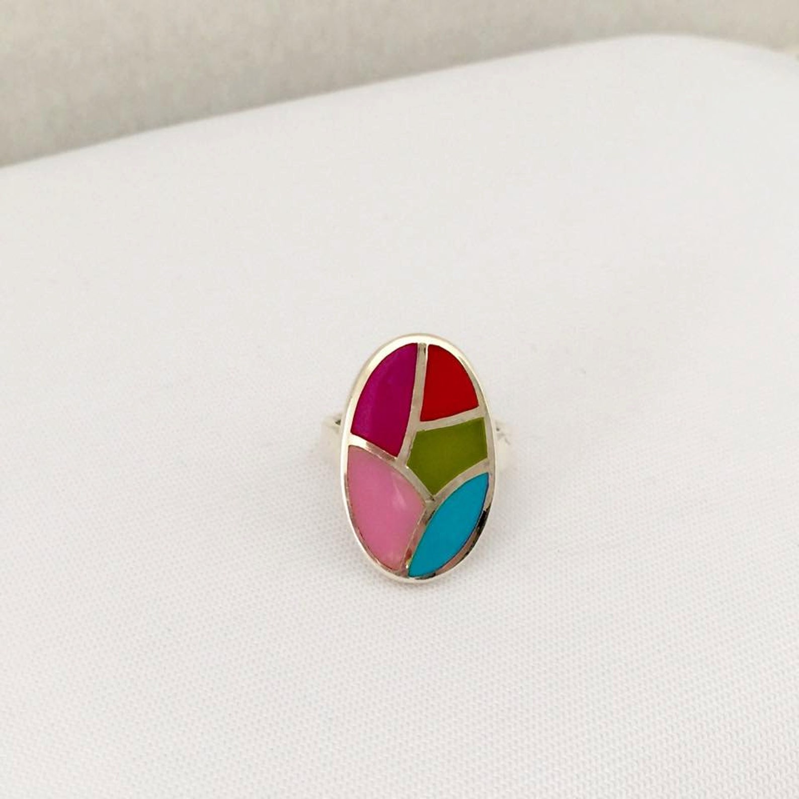 Vintage Sterling Silver Inlay Mixed Gemstone Ring Size 6.75 - Etsy