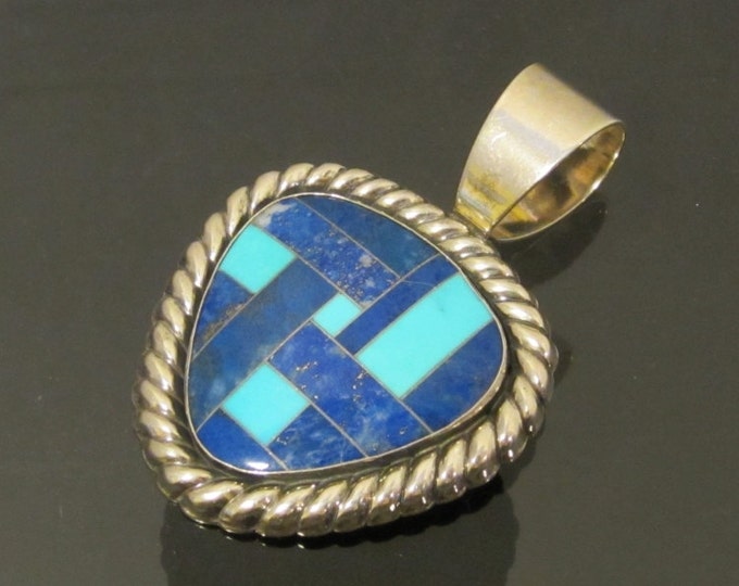 SALE Vintage Sterling Silver Inlay Mixed Gemstone Pendant