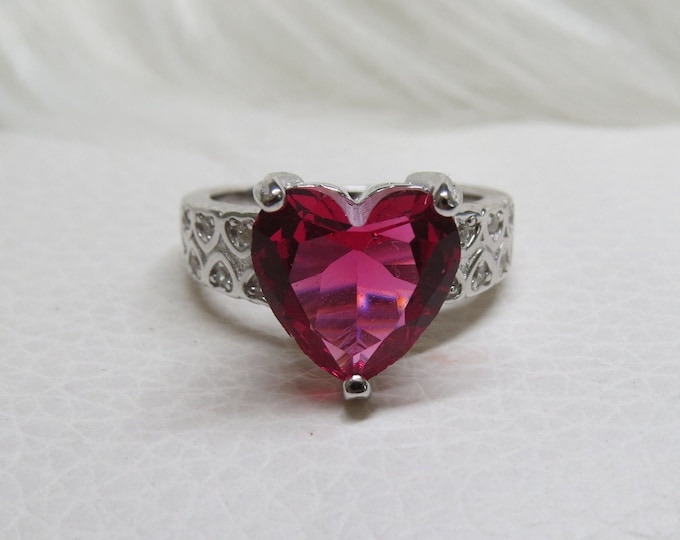 Vintage Sterling Silver Red Ruby Heart Ring Size 10