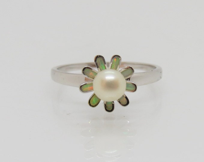 Sterling Silver White Pearl & Fire Opal Flower Ring Size 7