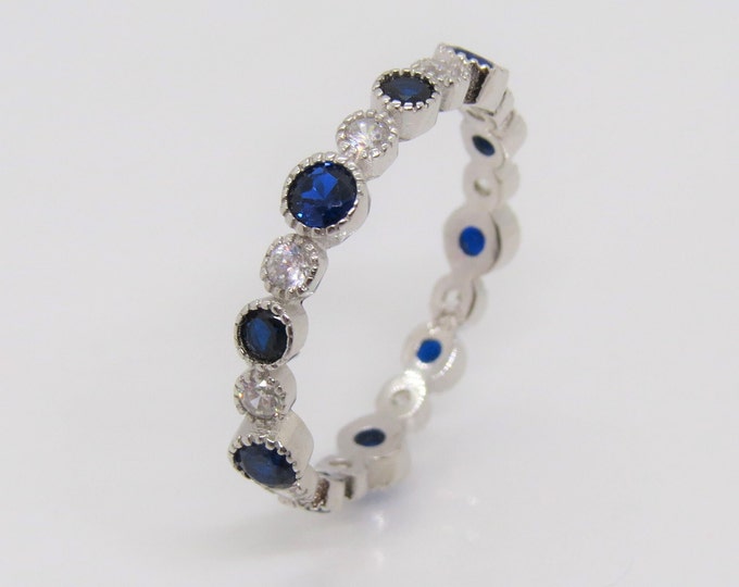 Vintage Sterling Silver Blue Sapphire & White Topaz Eternity Band Ring Size 8