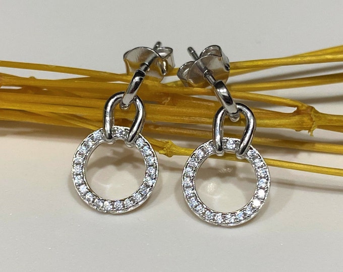 Vintage Sterling Silver White Topaz Circle Dangle Drop Earrings.