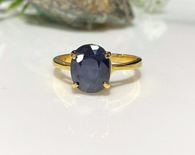 Vintage 14K Solid Yellow Gold 2.54ct Natural Oval cut Blue Sapphire Ring Size 7.25