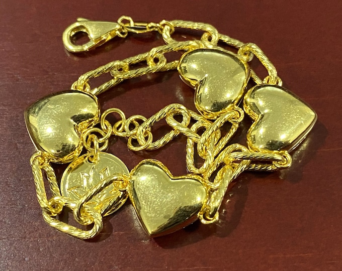 Vintage 15K 610 Solid Yellow Gold Hearts Rolo Link Chain Bracelet 7''