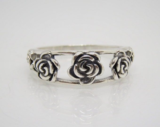 Vintage Sterling Silver Roses Flowers Ring Size 7
