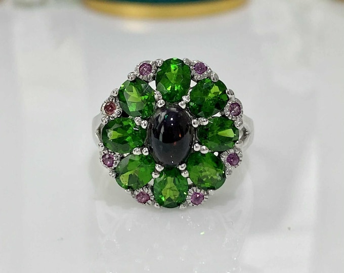Vintage Sterling Silver Natural Black Opal & Tsavorite, Rhodolite Ring Size 8 1/2