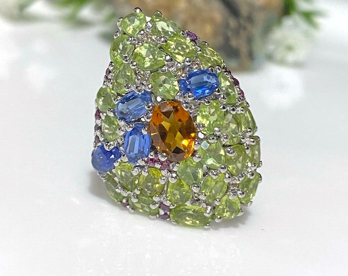 Vintage Sterling Silver Natural Peridot, Pink Sapphire, Citrine & Kyanite Ring Size 7.75