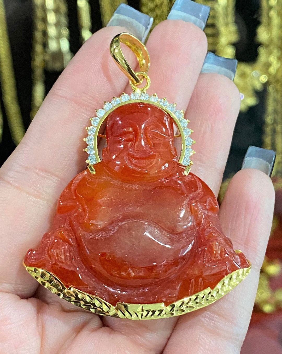 ヴィンテージ 18K ゴールド 天然赤翡翠 笑う仏陀ペンダント ホワイト 