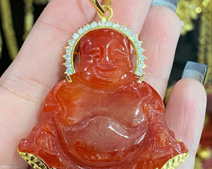 Vintage 18K Solid Yellow Gold Red Jadeite Jade, White Topaz Laughing Buddha Happy Buddha Pendant