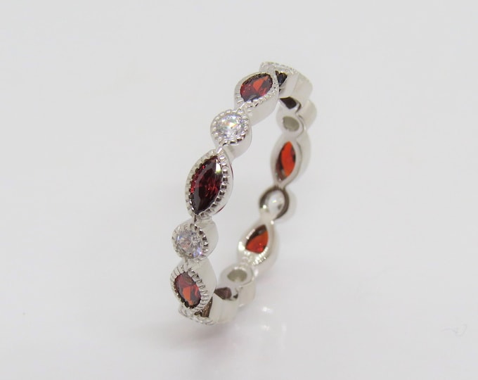 Vintage Sterling Silver Marquise Garnet & White Topaz Eternity Band Ring Size 6
