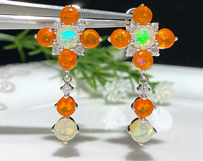 Vintage Sterling Silver Natural Round cut Orange, White Fire Opal & White Topaz Dangle Earrings