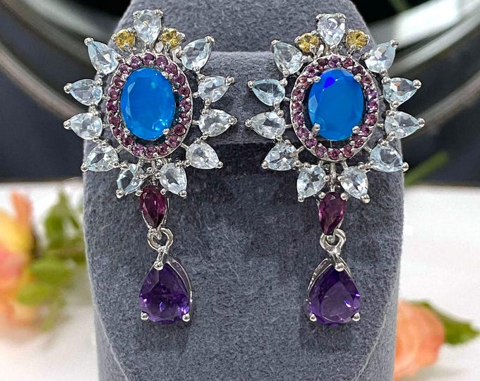 Vintage Sterling Silver Natural Blue Opal, Amethyst, Rhodolite, Yellow Sapphire & Aquamarine Earrings.