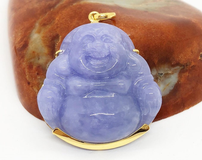 Vintage 18K Solid Yellow Gold Purple Lavender Jadeite Jade Laughing Buddha Pendant