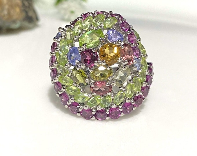 Vintage Sterling Silver Natural Rhodolite & Peridot, Tanzanite Ring Size 9.5
