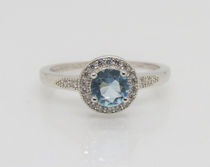Sterling Silver Aquamarine & White Topaz Halo Ring Size 7