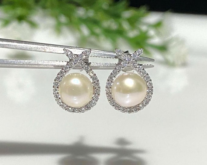 Vintage Sterling Silver Freshwater Pearl & White Topaz Earrings