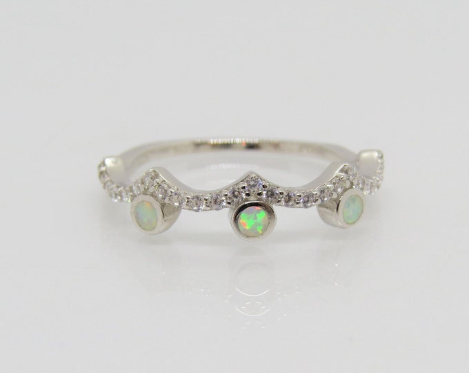 Vintage Sterling Silver White Opal & White Topaz Crown Ring Size 7