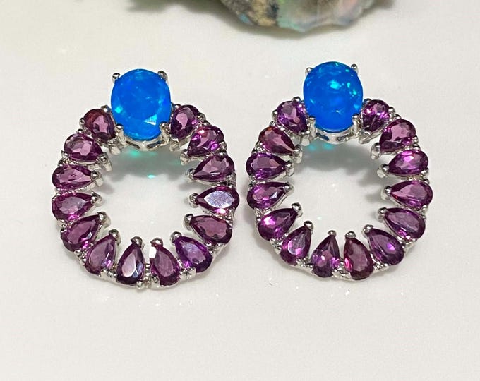 Vintage Sterling Silver Natural Oval Blue Opal & Rhodolite Earrings.