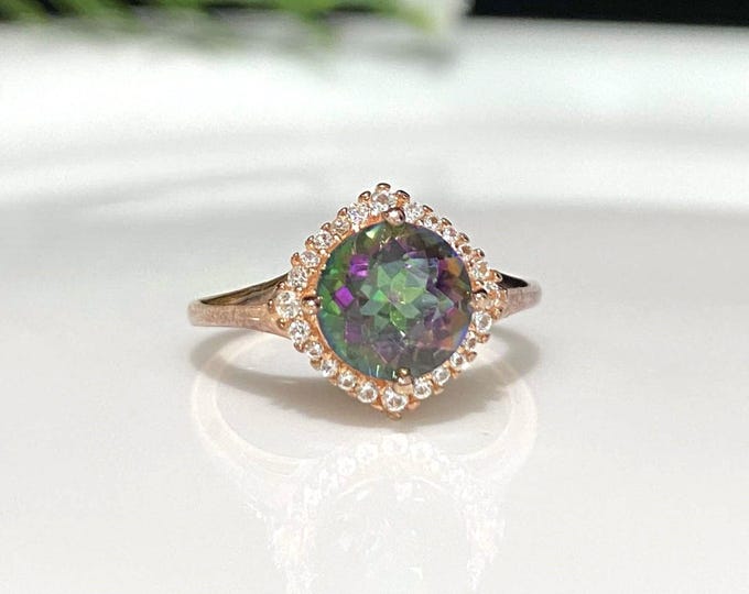 Vintage Sterling Silver Rose Gold Plate Rainbow Topaz & White Topaz Ring Size 7