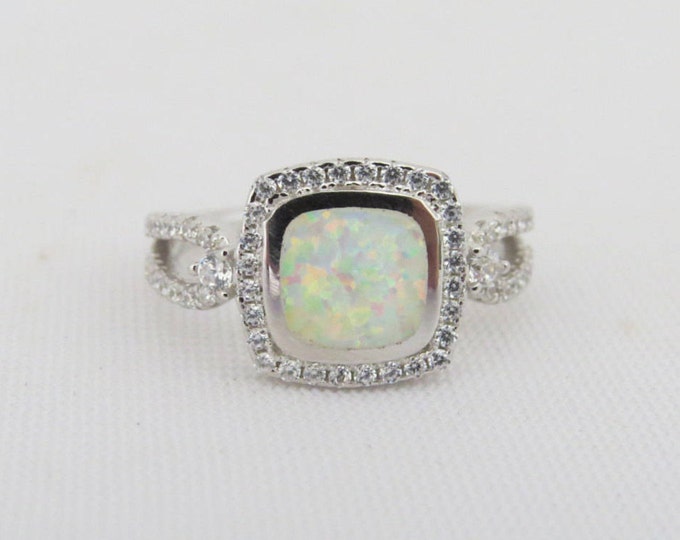 Vintage Sterling Silver White Opal & White Topaz Halo Ring Size 6