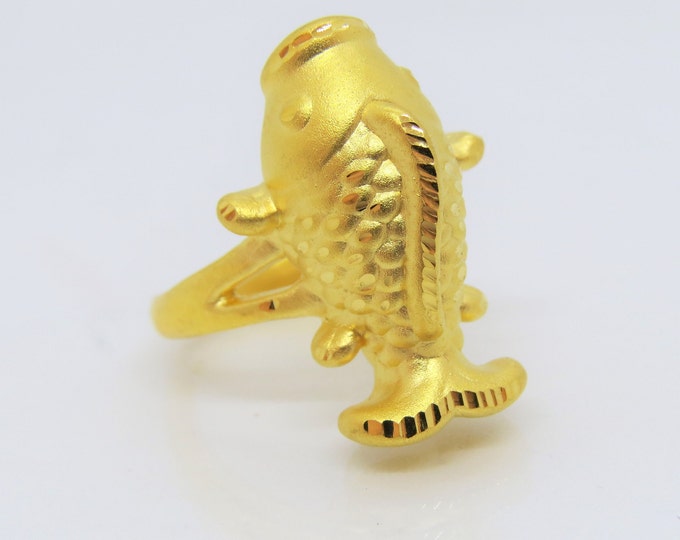 24K 9999 Pure Gold 3D Fish Goldfish Luck Vintage Ring Size 7